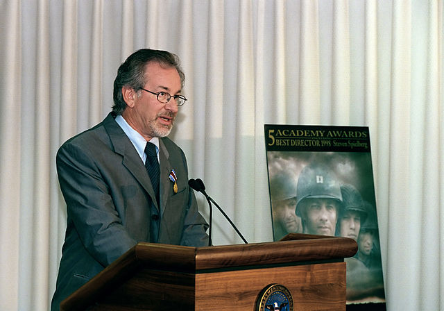 Steven Spielberg speaking at an event.