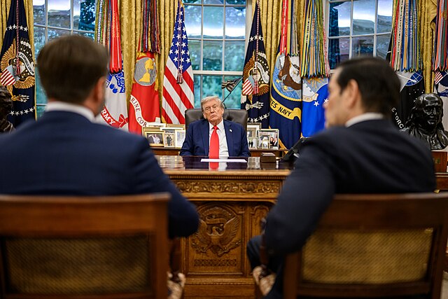 President Donald Trump meets with Secretary of State Marco Rubio and Vice President JD Vance